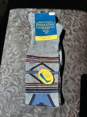 Pendleton Grey Over-the-Knee Socks with Blue and Brown Geometric Accents